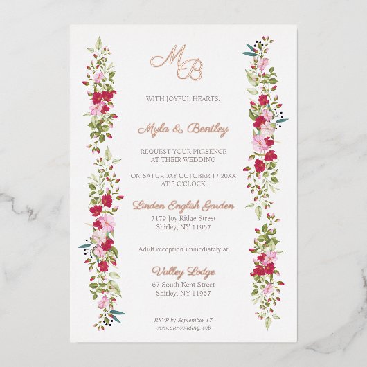 Real Rose Gold Red and Pink Floral Garland Initial 箔招待状 (正面)