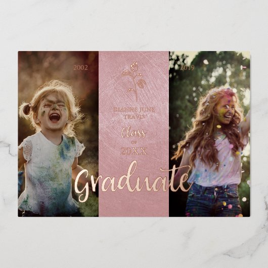 Real Rose Gold Then & Now Graduation Photo 箔招待状 (正面)