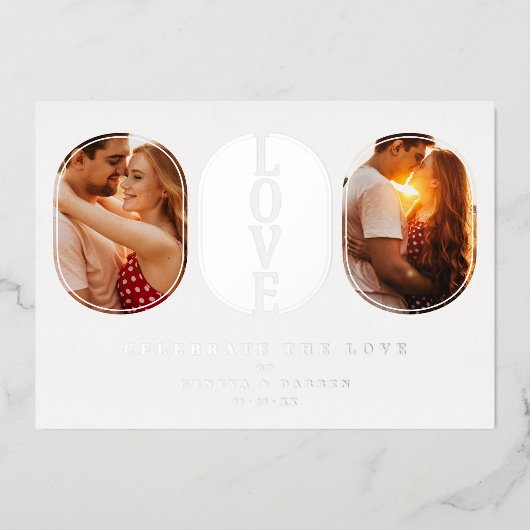 Real Silver Love Quote Wedding 2 Photos Couple 箔招待状 (正面)