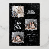 Real Silver Three Photos Dog Wedding Faux Marble 箔招待状 (正面)