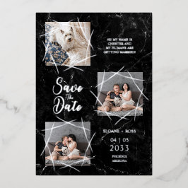 Real Silver Three Photos Dog Wedding Faux Marble 箔招待状