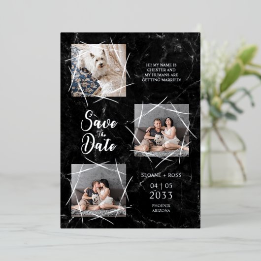 Real Silver Three Photos Dog Wedding Faux Marble 箔招待状 (立ち正面)