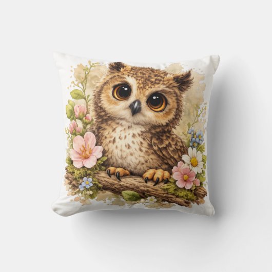 Realistic Cute Owl Floral Pillow Woodland Nursery  クッション (正面)
