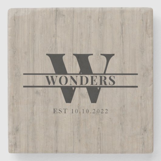 Realistic Grey Driftwood Grain Monogram Wedding ストーンコースター (正面)