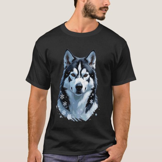 Realistic Husky Winter Portrait with Snowflakes Tシャツ (正面)