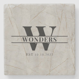 Realistic marble Wood Grain Monogram Wedding ストーンコースター