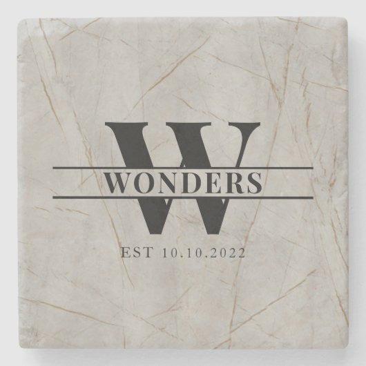 Realistic marble Wood Grain Monogram Wedding ストーンコースター (正面)
