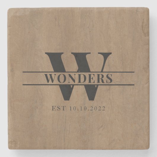 Realistic medium Wood Grain Monogram Wedding ストーンコースター (正面)