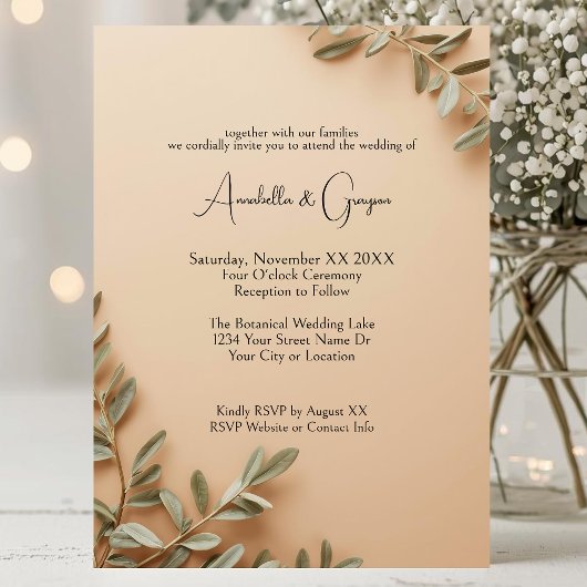 Realistic Olive Branches on Elegant Beige Wedding 招待状