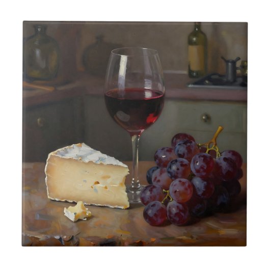 Realistic Red Wine Cheese Grapes Still Life タイル (正面)
