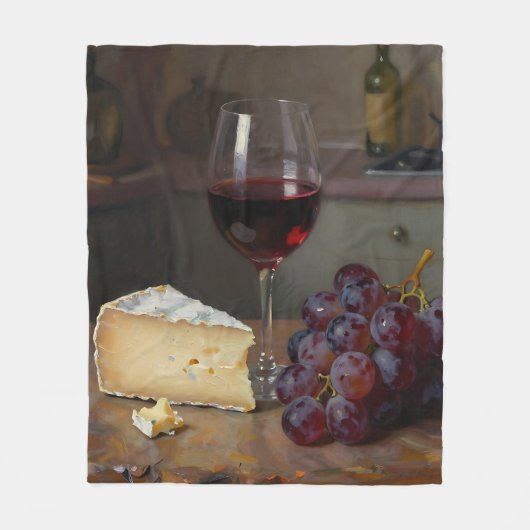 Realistic Red Wine Cheese Grapes Still Life フリースブランケット (正面)