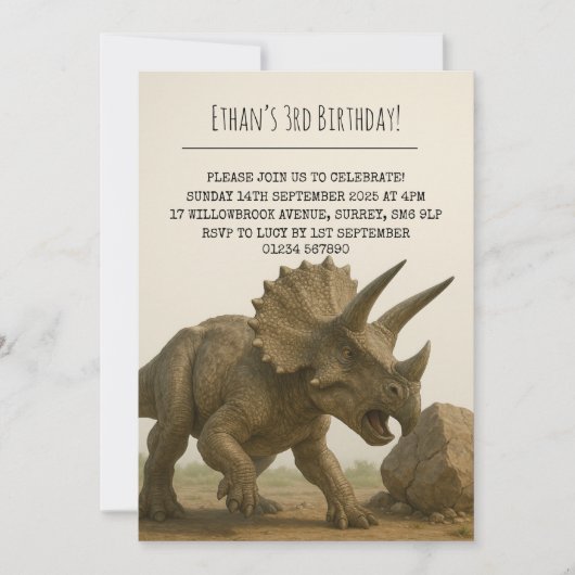 Realistic Triceratops Dinosaur in Rocky Birthday 招待状 (正面)