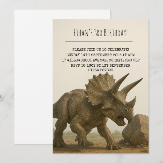 Realistic Triceratops Dinosaur in Rocky Birthday 招待状 (正面/裏面)