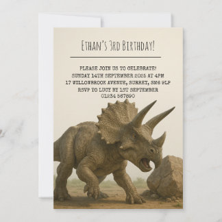 Realistic Triceratops Dinosaur in Rocky Birthday 招待状