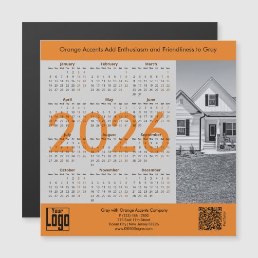 Realtor Gray Orange 2026 Calendar Magnet (正面/裏面)
