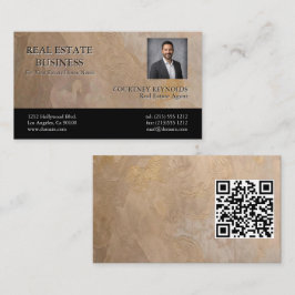 Realtor Headshot ベージュ ゴールド テクスチャー QRコード 名刺