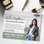 Realtor Marketing Logo Real Estate Farming Mailer ポストカード<br><div class="desc">Strengthen your real estate marketing strategy with this professionally designed farming mailer postcard, perfect for showcasing your services to potential home sellers. This customizable postcard allows you to upload your logo and photo, creating a personal and polished touch that builds trust and credibility in your community. Whether you're introducing yourself...</div>