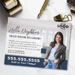 Realtor Marketing Logo Real Estate Farming Mailer ポストカード<br><div class="desc">Enhance your real estate marketing efforts with this elegant navy blue farming mailer postcard, designed to grab attention and build credibility in your neighborhood. The sophisticated navy blue backdrop paired with customizable features, like uploading your logo and photo, ensures your message is both personal and professional. This eye-catching postcard is...</div>