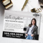 Realtor Marketing Logo Real Estate Farming Mailer ポストカード<br><div class="desc">Stand out in your local market with this sleek black real estate farming postcard, perfect for showcasing your expertise and connecting with potential home sellers. The timeless black design exudes professionalism and sophistication, while customizable features like uploading your logo and photo add a personal, polished touch. Designed to grab attention...</div>