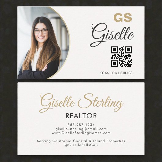  Realtor Neutral Gold Photo Monogram QR Code  名刺