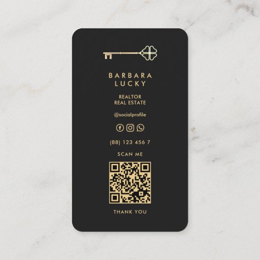 Realtor Real Estate Agent Elegant Black Gold Key 名刺 (裏面)