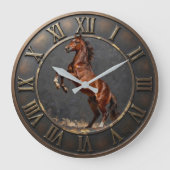 Rearing Brown Horse Bronzed Equestrian Statement ラージ壁時計 (正面)