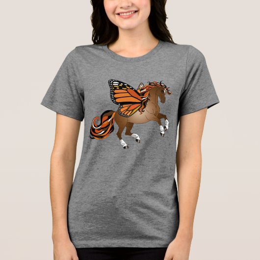 Rearing Horse with Monarch Butterfly Wings トライブレンドＴシャツ (正面)