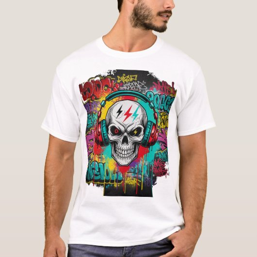 Rebel Skull Graffiti Explosion | アーバンストリートウェア Tシャツ (正面)