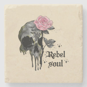 Rebel Soul – ピンクのバラを持つゴシックスカル ストーンコースター