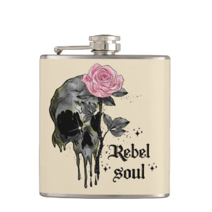 Rebel Soul – ピンクのバラを持つゴシックスカル フラスク
