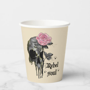 Rebel Soul – ピンクのバラを持つゴシックスカル 紙コップ