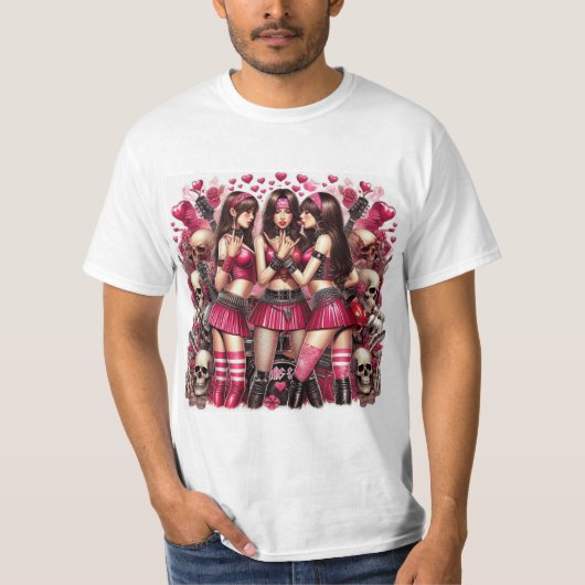 Rebeldía Rockera: Belleza y Pasión en Rosa y Rojo Tシャツ (正面)