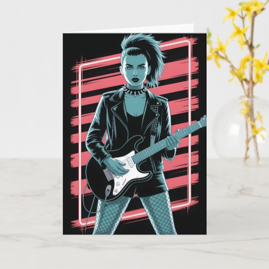 Rebellious Rock Star: Female Guitarist in Leather  カード (黄色い花)
