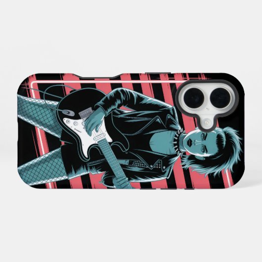 Rebellious Rock Star: Female Guitarist in Leather  iPhone 16ケース (裏面横)