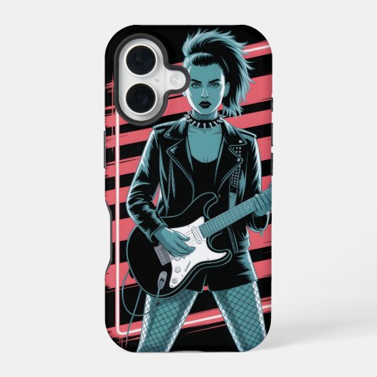 Rebellious Rock Star: Female Guitarist in Leather iPhone 16ケース (裏面)