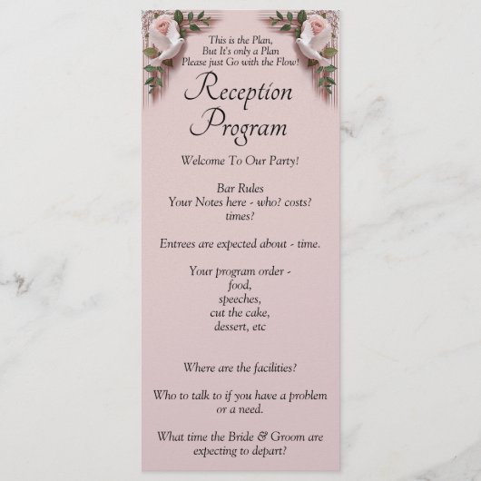 Reception Program - Pink Roses & Doves Wedding メニュー (正面)