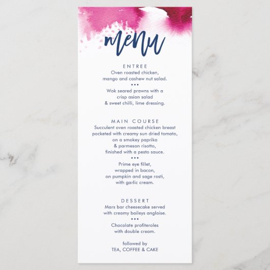 RECEPTION WEDDING MENU cute navy pink watercolor メニュー (正面)
