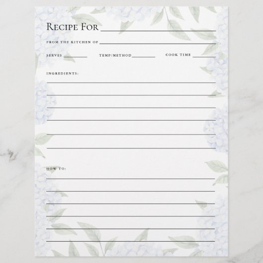 Recipe Card, Full Page for Binder, Faded Hydrangea チラシ (正面)