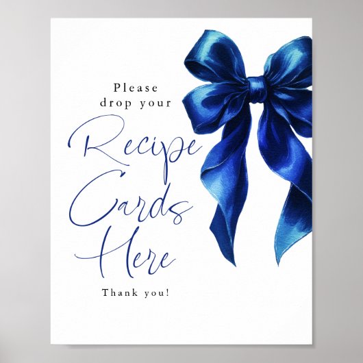 Recipe Cards Navy Blue Bow Bridal Shower Sign ポスター (正面)