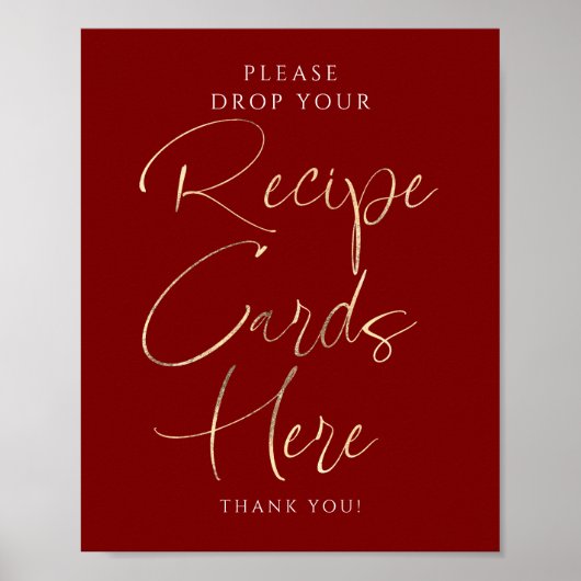 Recipe Cards Red and Gold Bridal Shower Sign ポスター (正面)