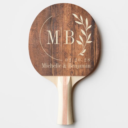 Reclaimed Wood Leaf Wedding Monogram 卓球ラケット (裏面)