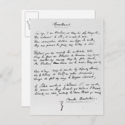Recueillement', signed sonnet, 1861 ポストカード (正面/裏面)