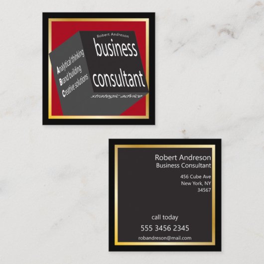 RedおよびBlack Cubeビジネスコンサルタント幾何学 スクエア名刺 (正面/裏面)
