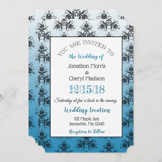 RedおよびBlueDamaskの結婚式招待状 招待状 (正面/裏面)