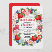 REDストロベリー1st誕生日パーティー 子供へ 招待状 (正面/裏面)