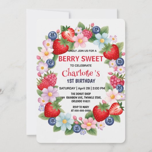 REDストロベリー1st誕生日パーティー 子供へ 招待状 (正面)