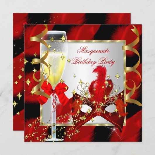 RED金ゴールドマスクマスカレードパーティー誕生日 招待状