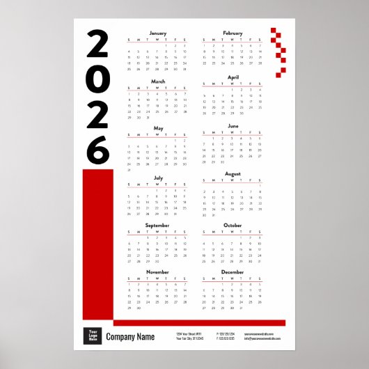 Red 2026 Corporate Wall Calendar Poster ポスター (正面)
