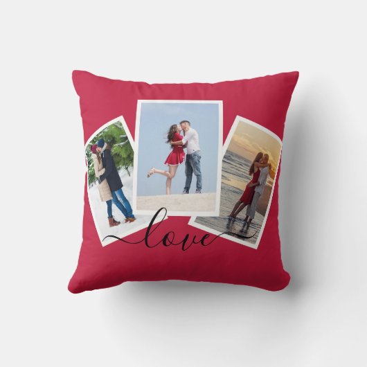 Red 3 Photo Collage Modern Script Love クッション (裏面)