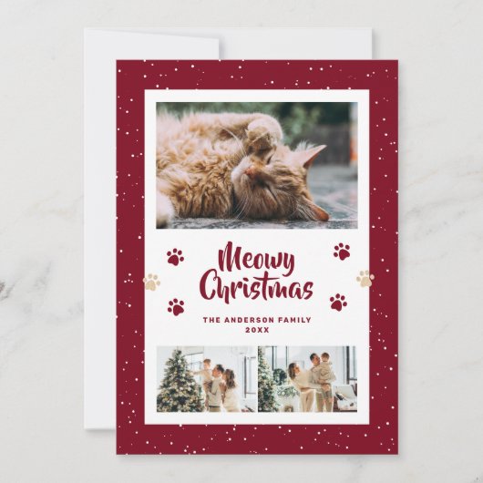 Red 3 Photo Snow Paws Meowy Christmas Card シーズンカード (正面)